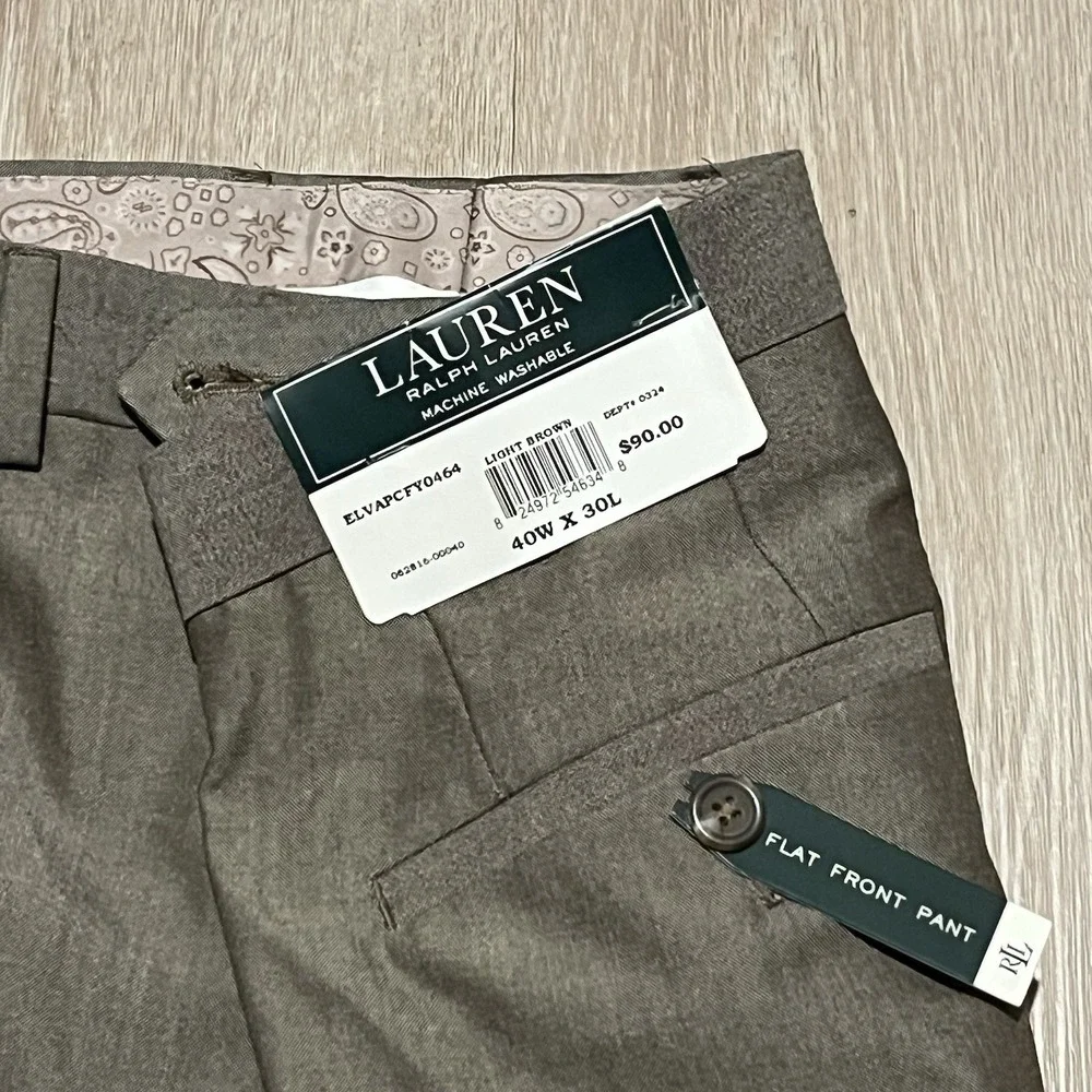 Lauren Ralph Lauren Dress Pants Mens 40x30 Light Brown Flat Front Washable NWT